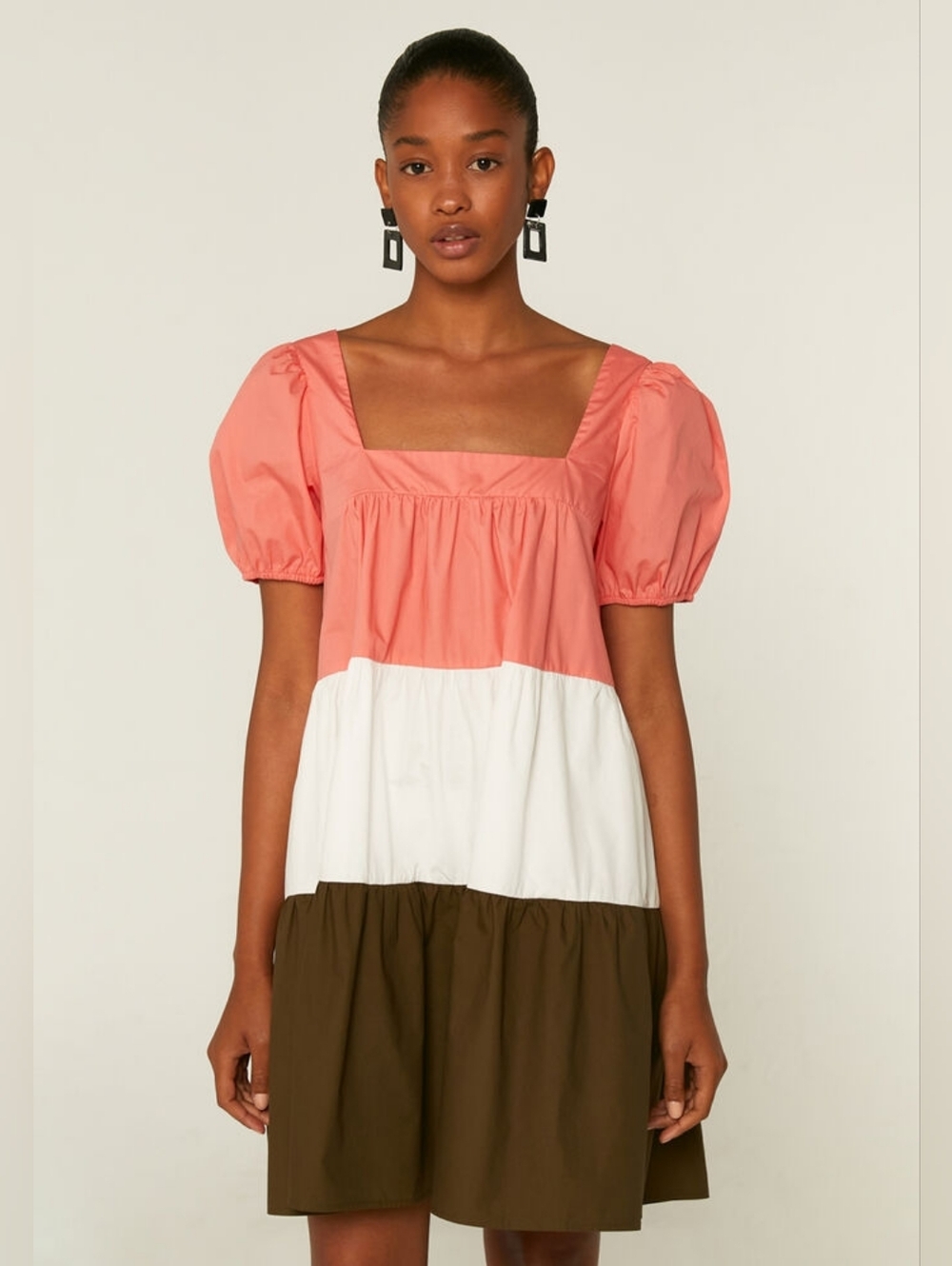 NWT Square-Neck Tiered Colorblock Tunic Dress in Coral, White & Olive